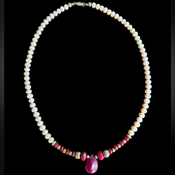 Gold Filled Jewelry - 14k Gold Filled Lab Ruby Champagne Freshwater Pearl Necklace